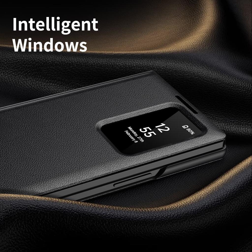 Flipové kožené pouzdro pro Samsung Galaxy Z Fold6/5/4/3 s chytrým displejem, LED zobrazením, okénky a držákem na karty/peněženkou, kryt na telefon