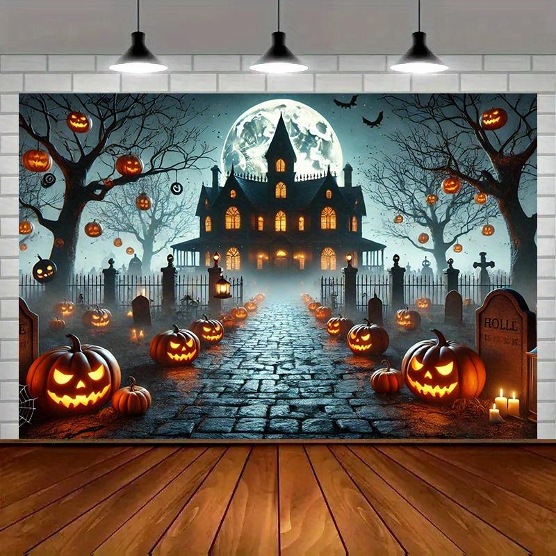 Terrifying Halloween backdrop banner - 8x6 feet durable polyester photo background, featuring a creepy mansionzyc