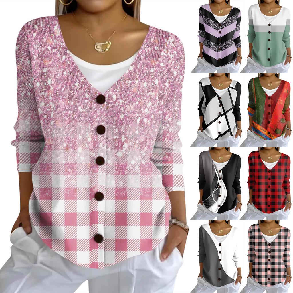 Women's Fashion Casual Knit Sweater Button-Up Plaid Patchwork Print Cardigan Jacket