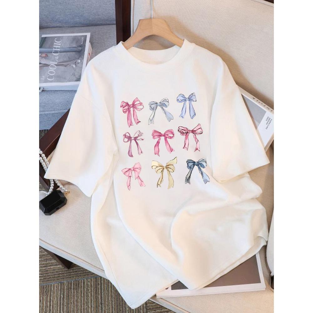 Summer T-shirt Women's Colorful Bow Printed Short Sleeve Comfortable Soft Round Neck Top Holiday Casual Women's Clothing