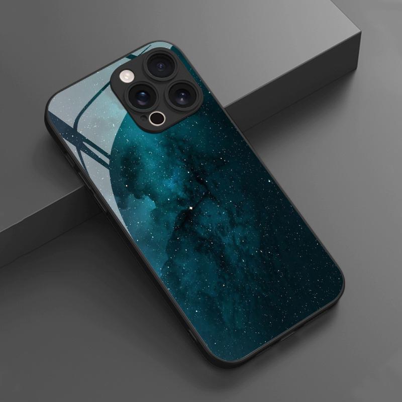 Deep Blue Nebula Dreamy Starry Sky Tempered Glass Black Phone Case For iPhone 17 16 15 14 13 12 11 Pro Max Air 7 Plus XS X Cover