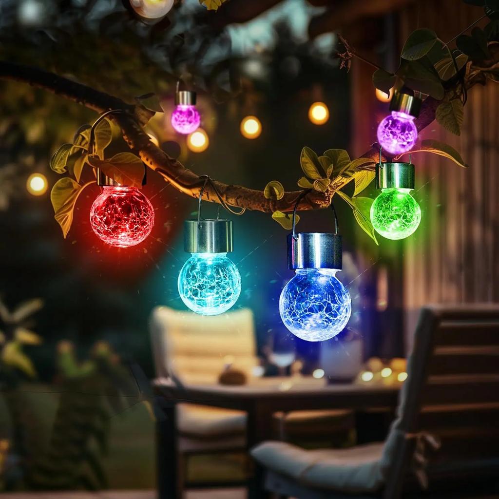 Waterproof Outdoor Hanging Cracked Glass Solar LED Decorative Ball White Light Yard Tree Solar Powered Globe Light Lantern Light