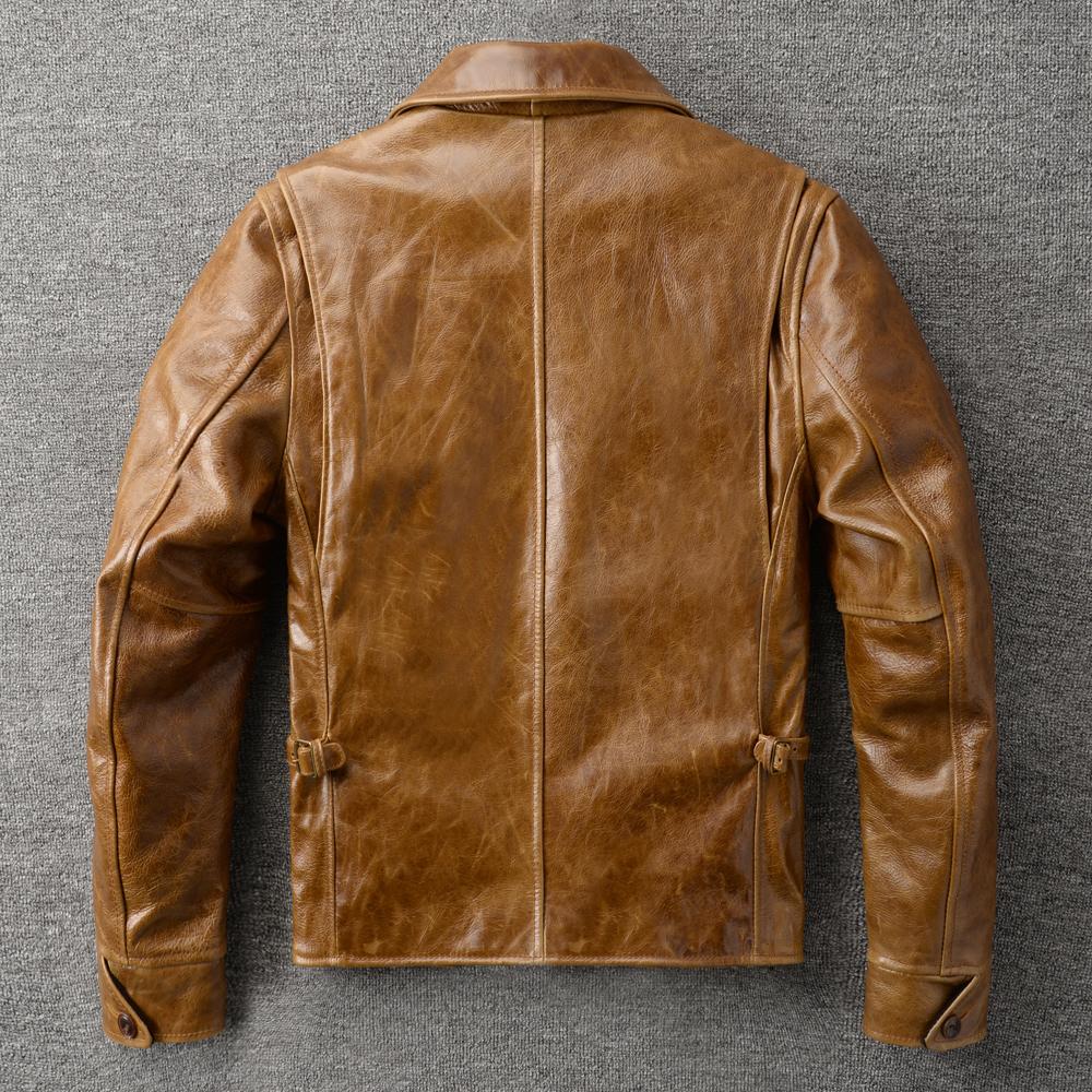 Classic 1930s Color Changes Oil Waxed Brown Natural Cow Leather Jacket Men Real Cowhide Coat Male Clothes Autumn