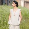 Johnature Women Vintage Sleeveless T-Shirts Summer Chinese Style Solid Color High Quality Female Soft T-Shirts