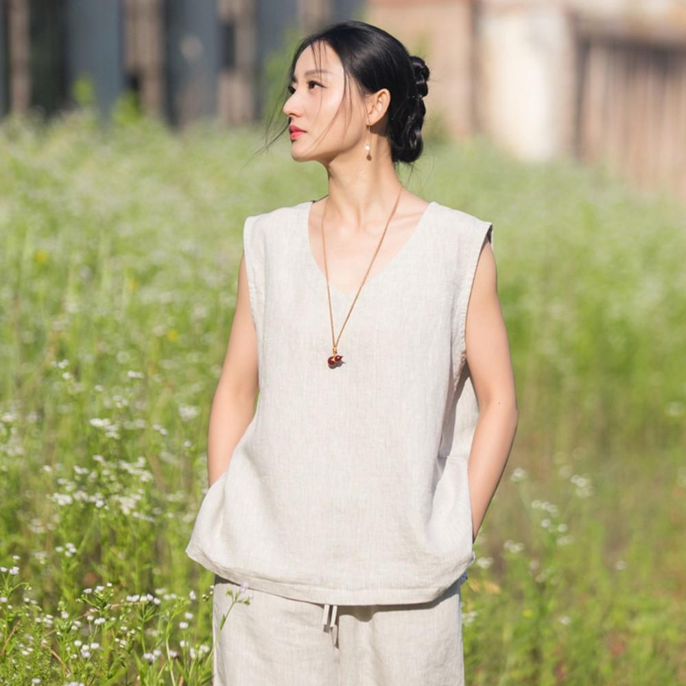 Johnature Women Vintage Sleeveless T-Shirts Summer Chinese Style Solid Color High Quality Female Soft T-Shirts