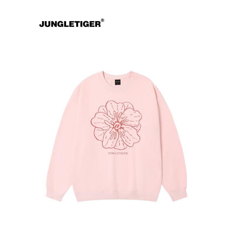 Jungle Tiger Floral Embroidery Heavyweight Pink Sweatshirt for Women, High Street Fashion Brand, Loose Casual Crew Neck Pullover Top for Men