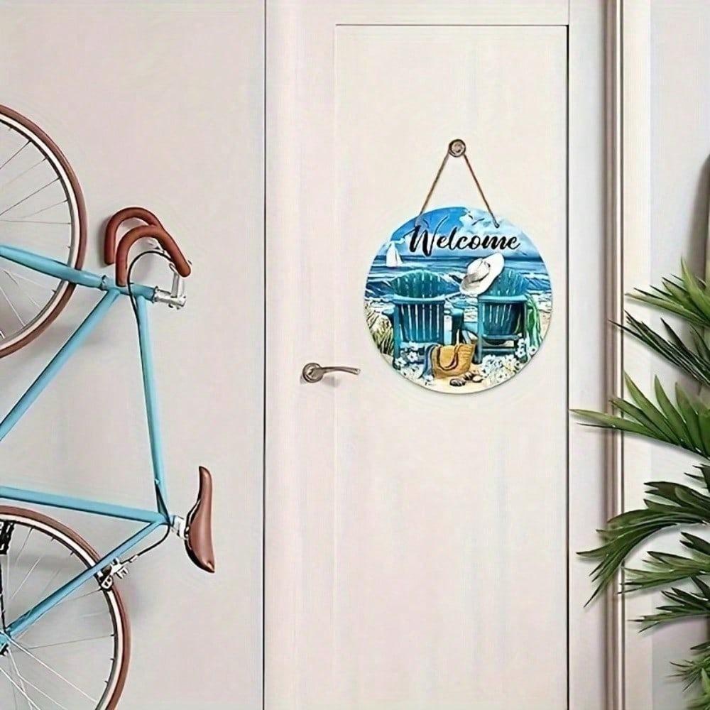 Metal Wall Art Poster, Sea Beach with Seagull and Sailboat, Patio Decoration