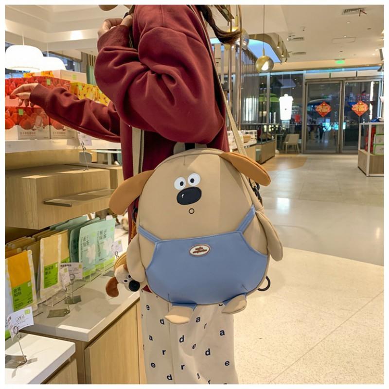 Japanese Ins Cute Puppy Backpack Women's Large-capacity Cartoon Funny Canvas Cross-body Bag Soft Student Schoolbag