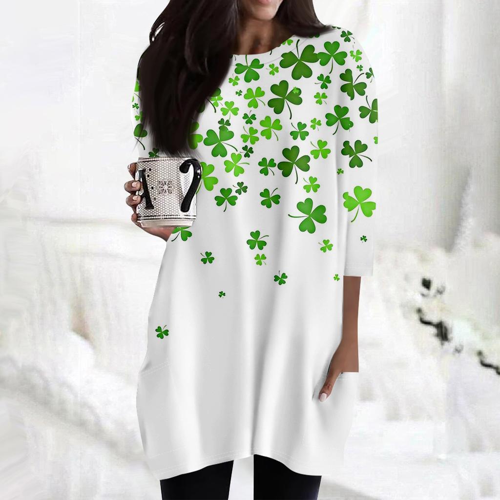 Women's  Casual 3/4 Sleeve Shirts Fashion St Patrick's Print Tunic Tops With Pockets