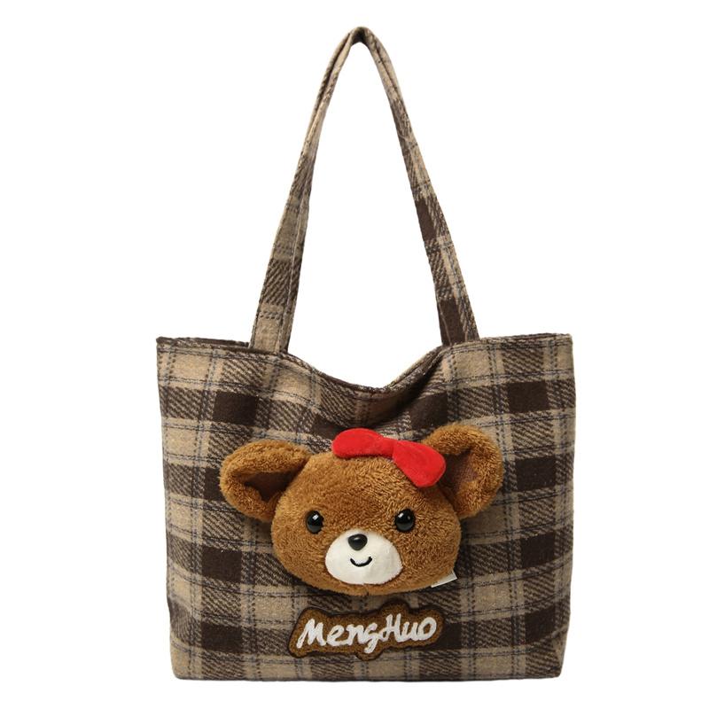Bear Shoulder Bag Women's Bag Vintage Plaid Tote Bag
