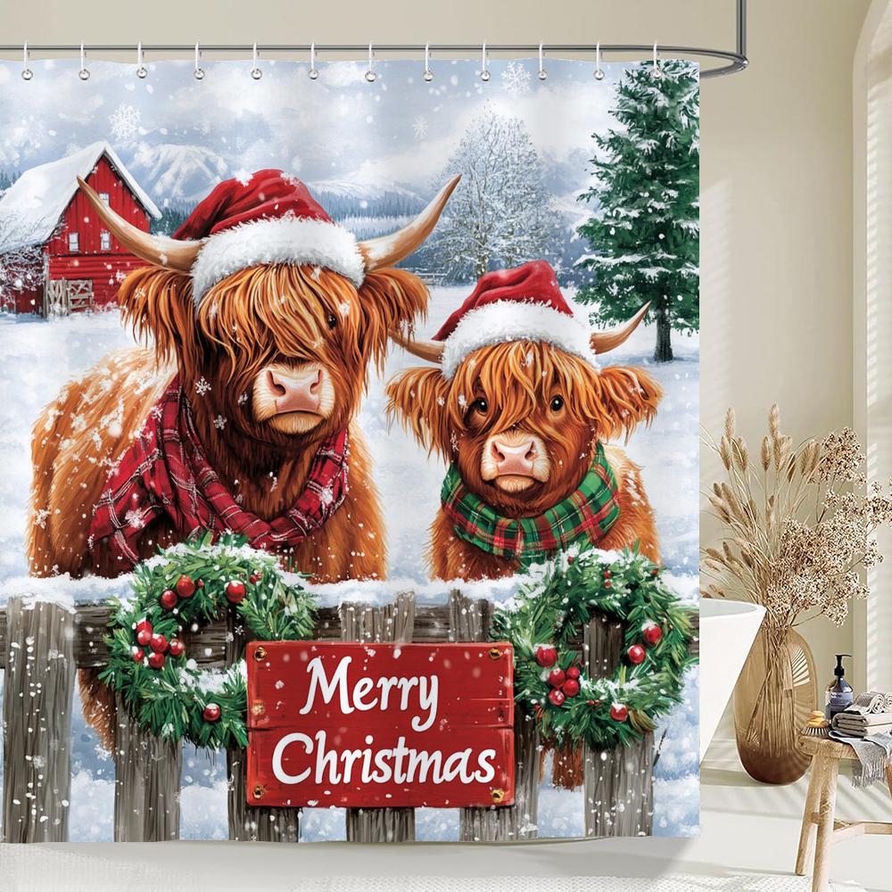 Christmas Shower Curtain, Bathroom Decorative Christmas Highland Cattle Shower Curtain, Waterproof Shower Curtain with Hooks