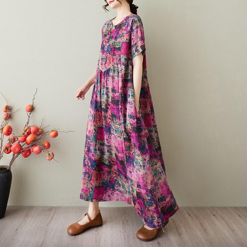 Krótki rękaw Plus size Bawełna Len vintage kwiatowy nowość sukienki dla kobiet casual luźna długa letnia sukienka