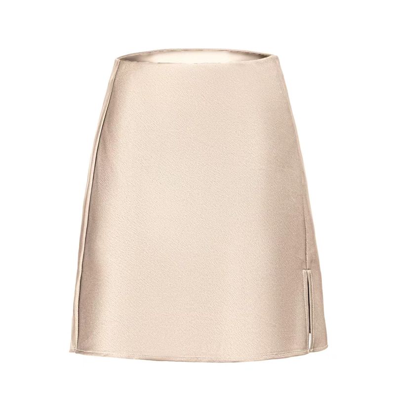 

Western Style Satin Split Skirt Elastic Waist Sexy A Word Short dress Solid Satin Split Skirt Beige S