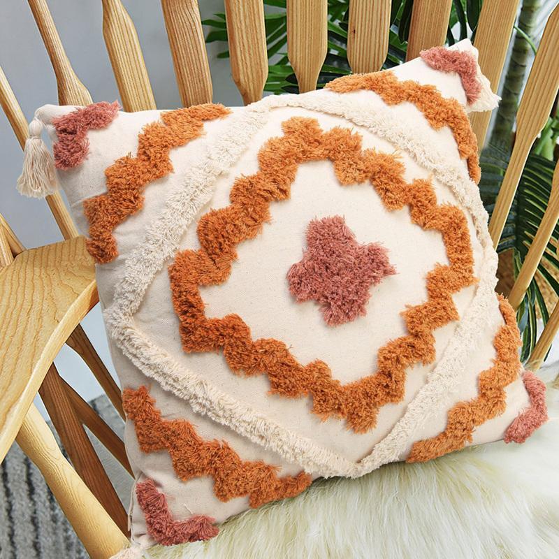 Boho Throw Pillow Cushion Cover Geometric Colorful Woven Tufted Farmhouse Pillowcase With Tassels