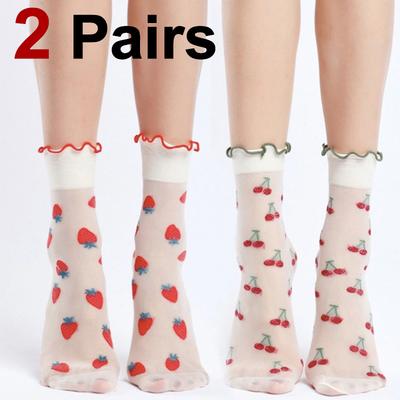 2 Pairs Women Lettuce Edged Round Neck Socks Fashionable Fruit Print Summer Thin Design Soft Comfortable Breathable Casual Socks