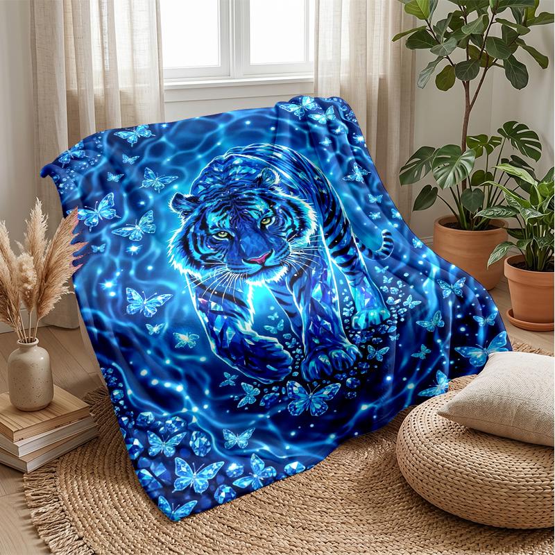 Blue Tiger Fantasy Blanket Personalized Name Flannel Blanket Soft Cozy Plush Throw for Sofa Bed Lightweight Home Decor
