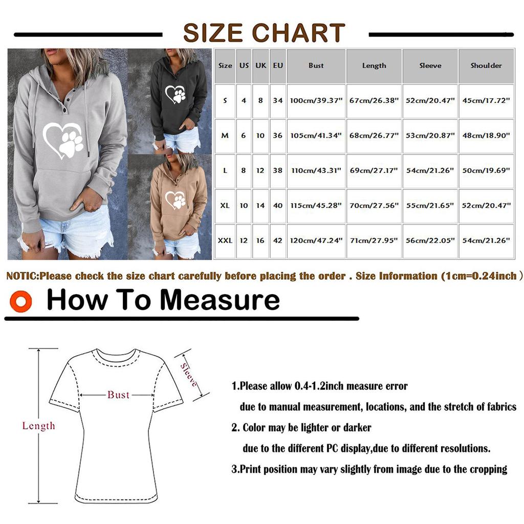 Women's Fashion Casual Loose Love Printed Button Drawstring Stitching Long-sleeved Kangaroo-pocket Hooded Sweatshirt