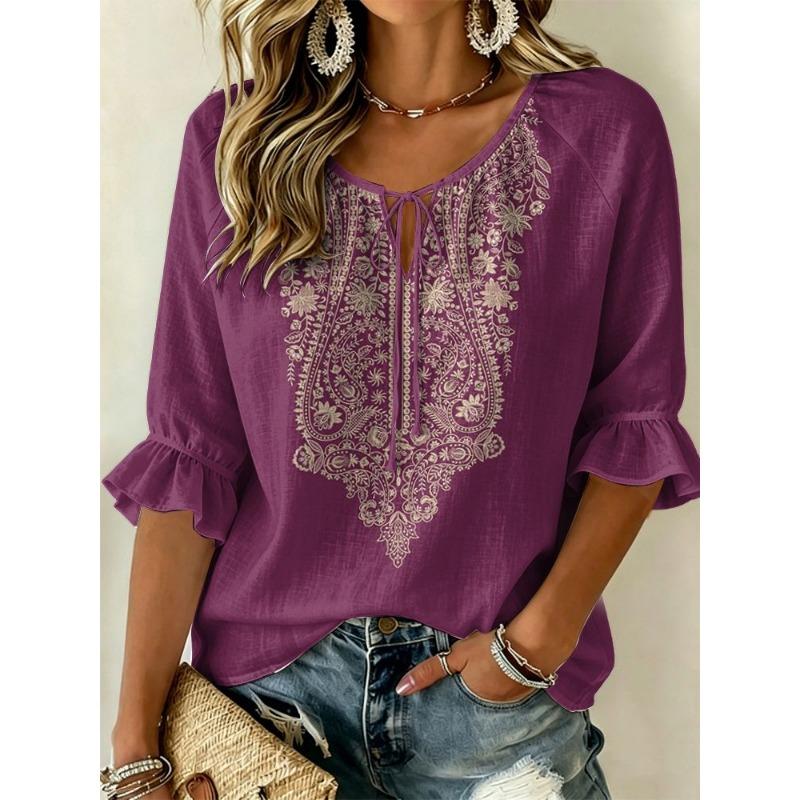 Women's Light Grey Purple Iris Palm Leaf Floral Print Tie V Neck Ruffle 3/4 Sleeve Elegant Soft Spring Blouse