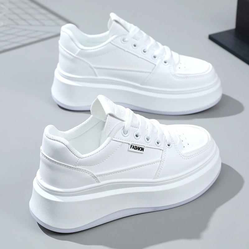 Women's Platform White Sneakers Casual Lace-up Leather Chunky Shoes All-match Height Increasing Footwear