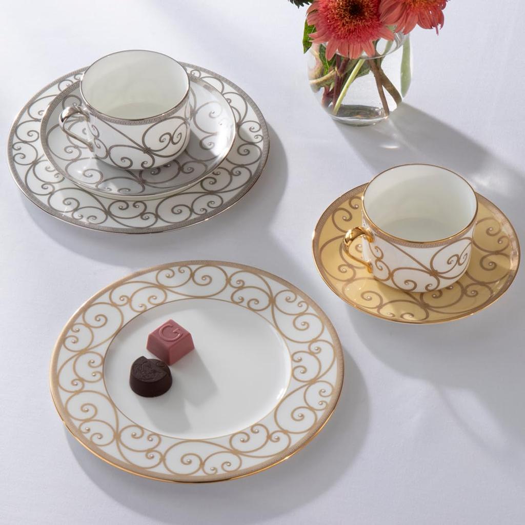 NARUMI Rondo Cup and Saucer Gold and Elegant and Perfect for Tea and Perfect as a Wedding Gift Product Set, 270cc, Platinum, Stylish, Coffee, Gift,