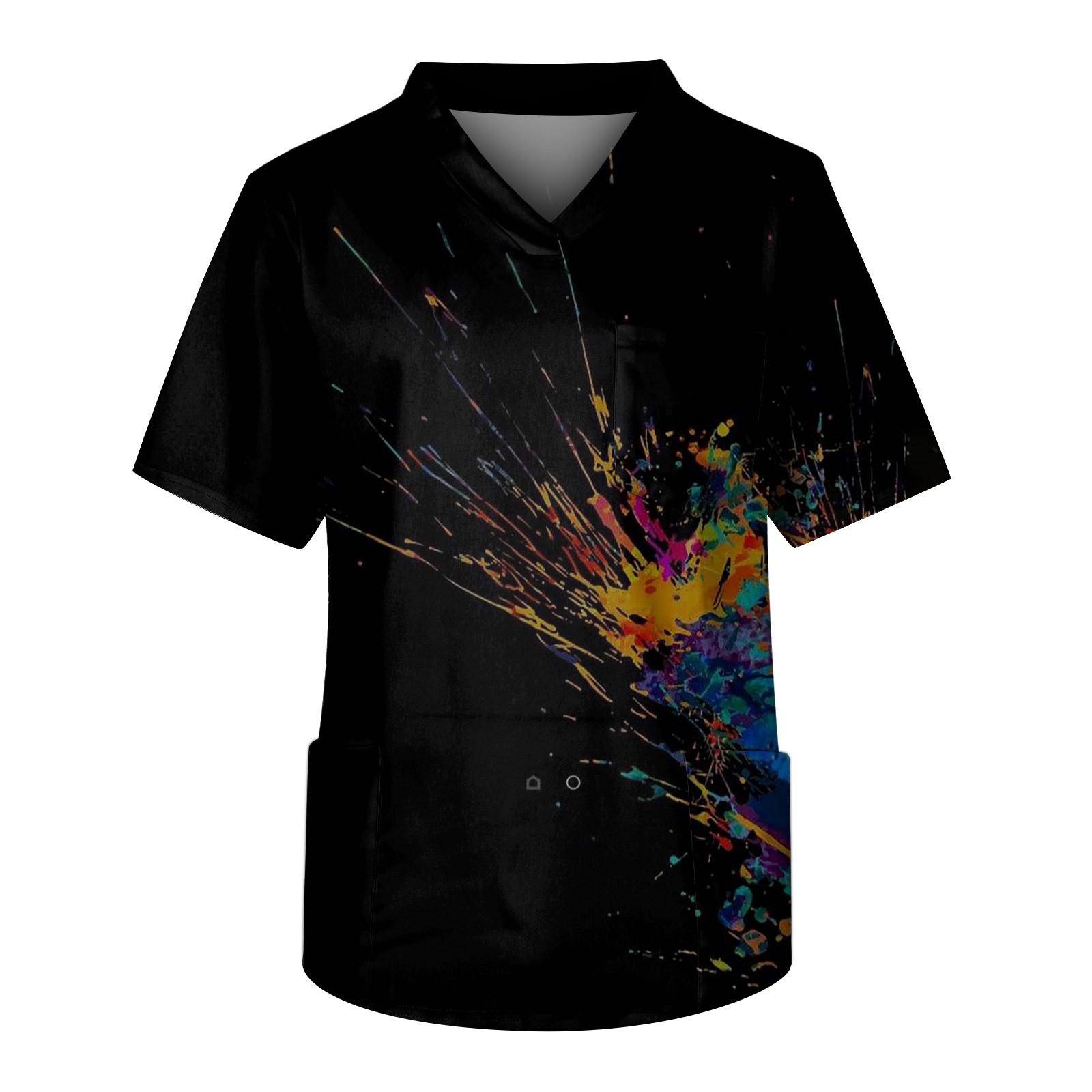 

Мужская рабочая блузка с короткими рукавами и v-образным вырезом с принтом, топ с нагрудным карманом L чёрный