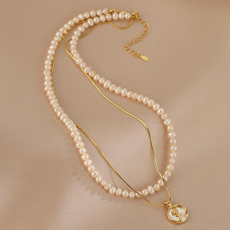 Double Stacked Special-Shaped Freshwater Pearl Necklace Female Niche Rose Design Pendant Neck Chain Fashion Collarbone Chain