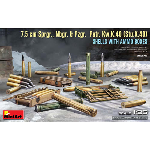 Miniart 1/35 Scale 7.5cm Sprgr., Nbgr., Pzgr. Patr. Kw.K.40 (Stu.K.40) Shell and Ammunition Box Plastic Model Kit MA35375