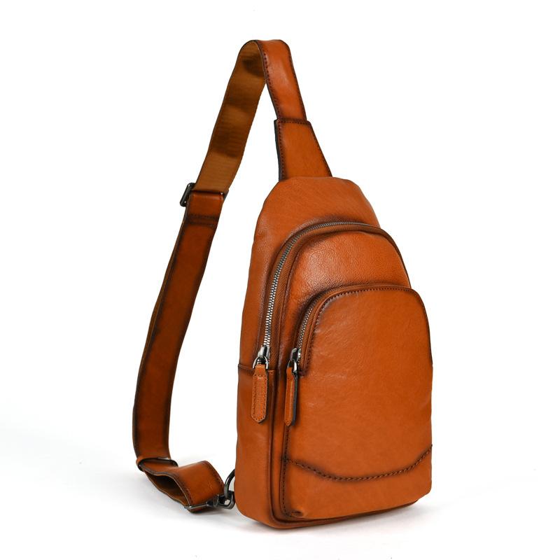 New Product Launch: First Layer Tree Cream Men's Multi Pocket Vegetable Tanned Cowhide Retro Casual Bag, Chest Bag, Crossbody Bag