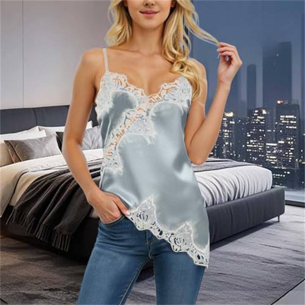 Dam Satin Lös Passform Justerbar Spagettistropp V-ringning Mode Spetskant Camisole Kort Cami Topp