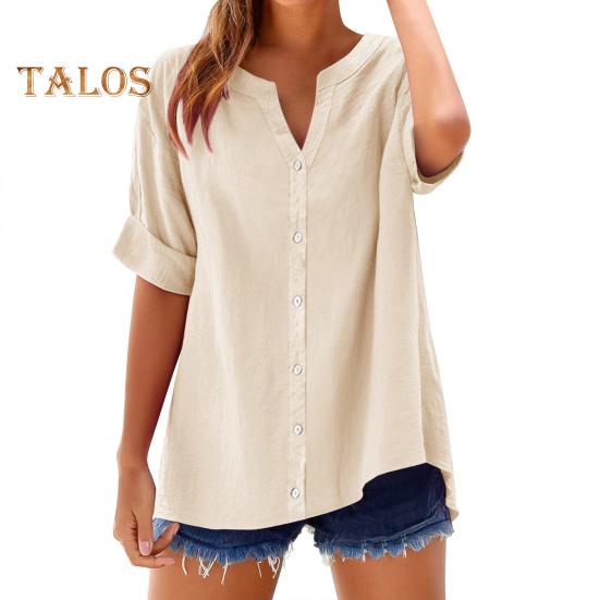 Women Shirt V-Neck Short Sleeve Buttons Placket Shirt Tops Solid Color Loose Fit Breathable Shirt Daily Wear