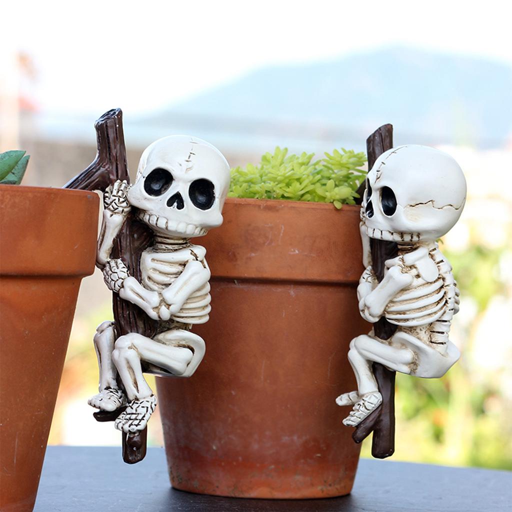 Halloween Skeleton Garden Statue Skeleton Holding Branch Funny Spooky Flowerpot Decor for Shelf Table Outdoor Garden