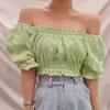 Korean Ruffled Off-Shoulder Puff Sleeve Lace Cropped Top
