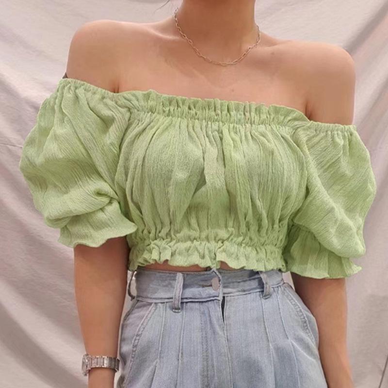 Korean Ruffled Off-Shoulder Puff Sleeve Lace Cropped Top