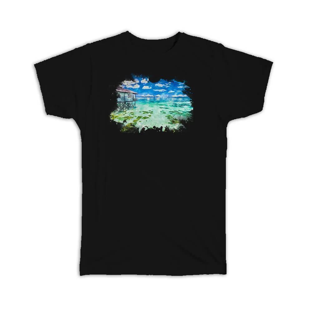 

Gift T-Shirt : Watercolor Scenary Bungalow Overwater Frame 2XL