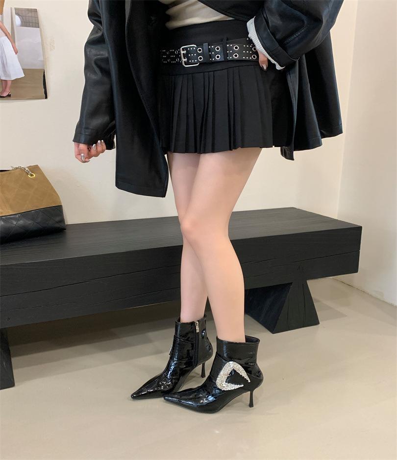 2025 autumn new pointed thin heel high heel temperament thin French fashion sexy rhinestone buckle short boots
