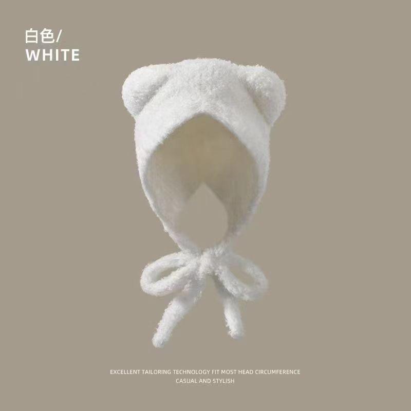 Bear knitted hat cute wool plush women's autumn and winter versatile warm plush big head circumference shows small face