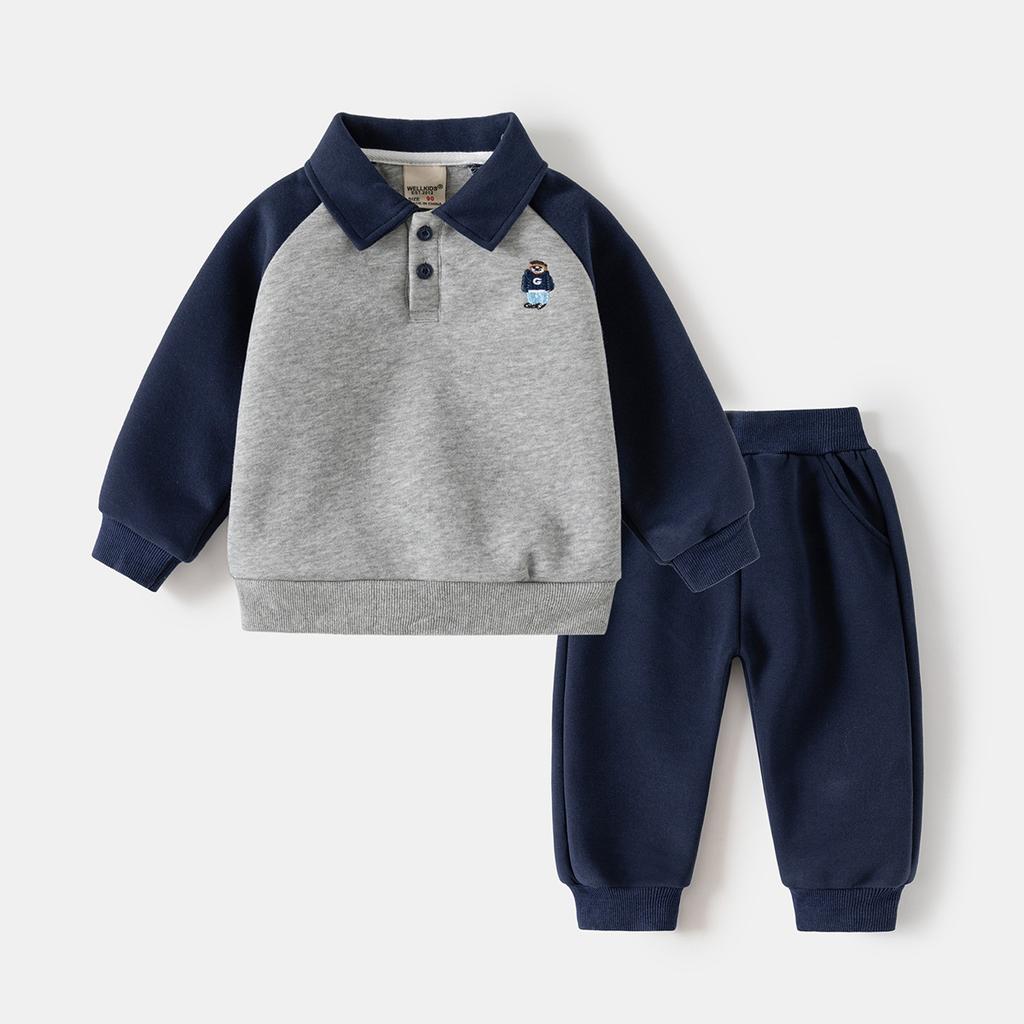 Boys Polo Collar Sweatshirt Set Two Piece Outfit Casual Spring Clothing for Kids