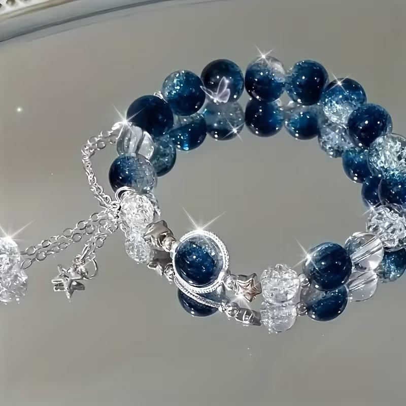 2pcs/4pcs Women's Galaxy Bracelet with Blue Cracked Glass Beads, Star Charm, Cosmic Jewelry, Adjustable Fashion Gift for Her