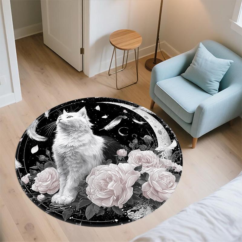 Floral Cat  Round Area Rug,Carpet Rug for Living Room Bedroom Sofa Playroom Decor,Non-slip Floor Mat