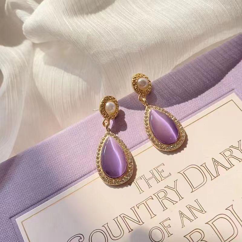 Elegant French Purple Gemstone Earrings: S925 Sterling Silver, Rhinestone Inlaid, Retro Court Style Water Drop Studs