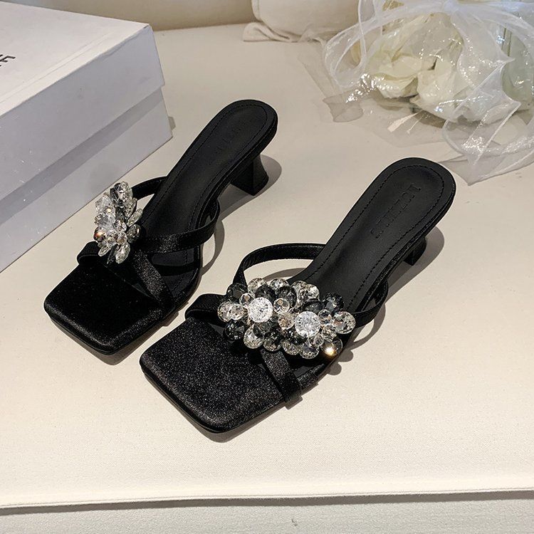 

French fairy wind open-toed sandals female 2025 summer new fashion rhinestone flower thin heel outer wear temperament high heels 35