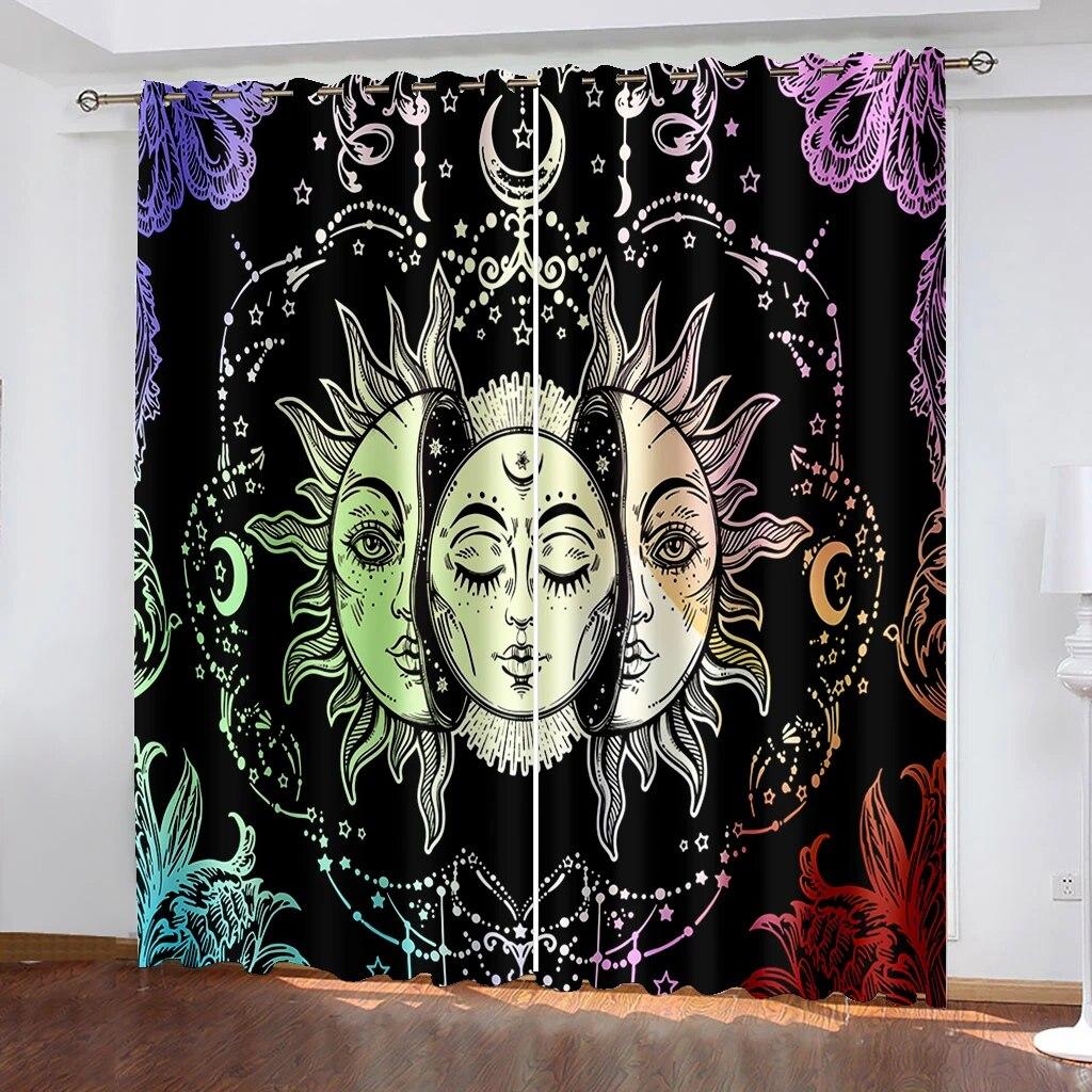 Graphic Sun Moon Starry Sky Printed Curtains, Rod Pocket Curtains Living Room Kitchen Office Decoration Curtains Home Decoration