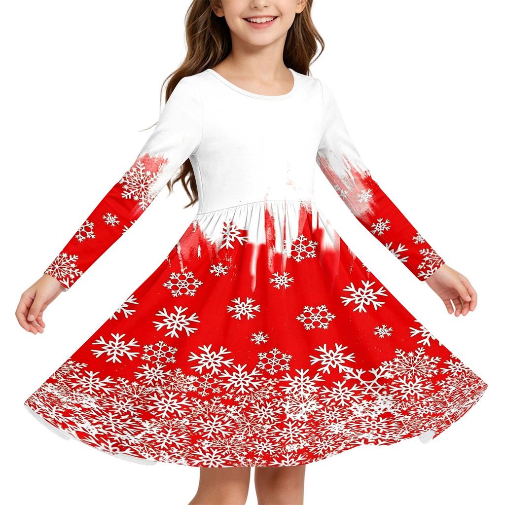 Girls Christmas Print Dress with Sleeves Long Sleeve Holiday Party Dress