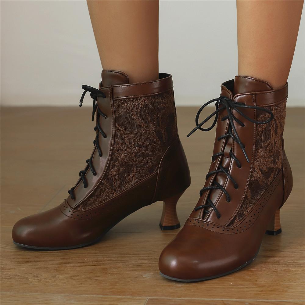 Fashion 2025 Women Victorian Pointed Toe Ankle Boots Leather Lace Hollow Out Punk Lace Up Strange Steampunk High Heel Shoes Size 34-46