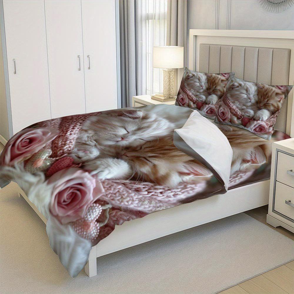 Lifesmells 2/3pcs Adorable Sleeping Kittens Duvet Cover Set Sweet Kitten Pattern Bed Cover Set Cozy and Charming Bedding Set