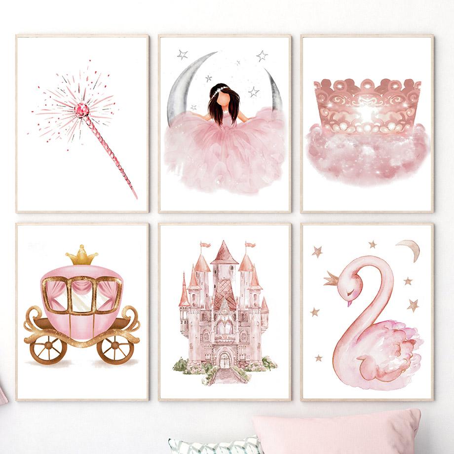 Princess Girl Castle Crown Carriage Magic Wand Wall Art Canvas Painting Cartoon Posters And Prints Pictures Girl Kids Room Decor