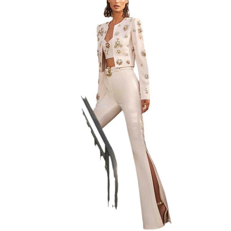 In Stock: 2025 European & American Fashion Beaded Jacket & Slit Flared Pants Set