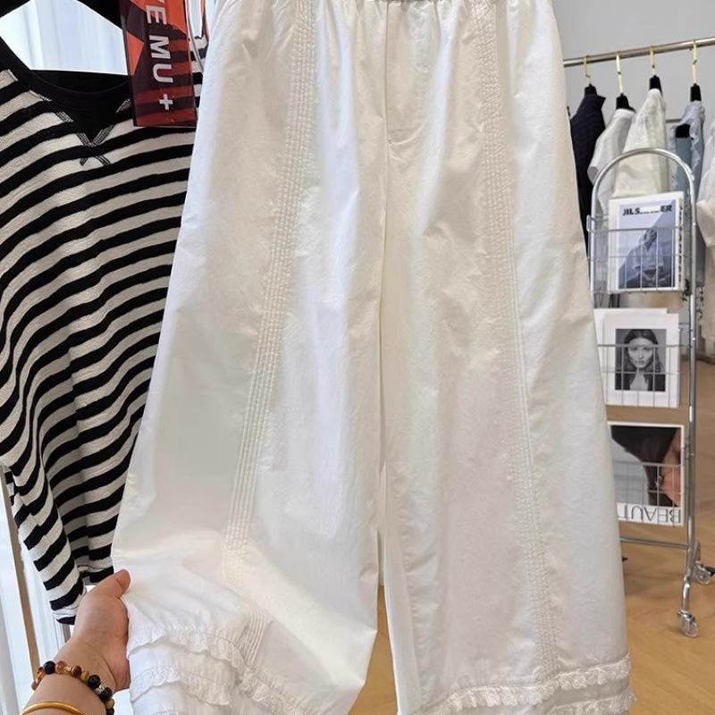 Women Summer Thin Loose Elastic Waist Pleated Wide Leg Nine Points Casual Pants M белый