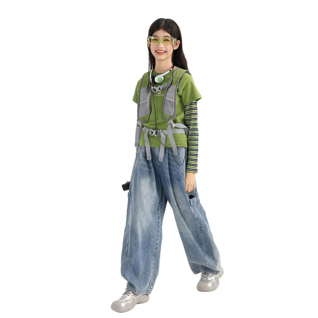 Tao Town Girls' Gradient Wide-Leg Jeans - Korean Style, Casual Sports Pants for Spring and Autumn