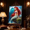 Wave Chaser Pearl-Inlaid Little Mermaid Frameless Art | Blue Wave Rock Bg, Handmade 2D Pearl Craft, Ideal for Calm, Ocean, Vintage Home Decor